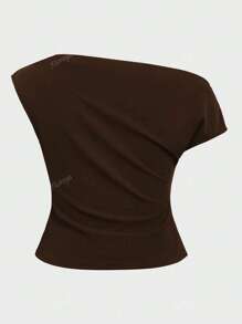 Plus Size Elegant Basic Casual Unique Gorgeous Asymmetrical Neck Crop Top, Fitted Short Sexy Shoulder Revealing Top For Women