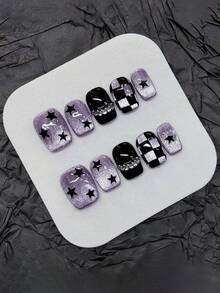 10pcs Purple Star Checkerboard Cat Eye Acrylic Press-On Nails, Short Square Full Cover Fake Nails With Jelly Gel And Nail File, DIY Manicure Supplies Handmade Press On Nails - Purple - View 1