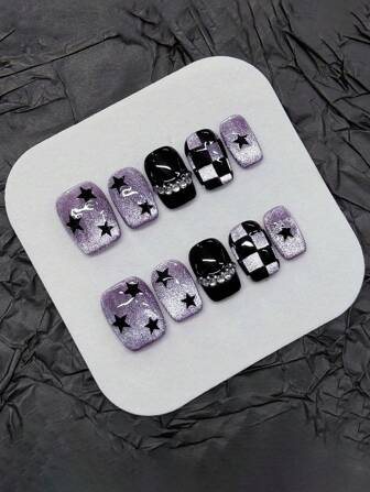 10pcs Purple Star Checkerboard Cat Eye Handmade Nails Acrylic Press On Nails Short Square Fake Nails Full Cover Nail Tips With Jelly Glue And Nail File, DIY Nail Art Supplies