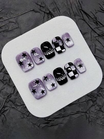 10pcs Purple Star Checkerboard Cat Eye Handmade Nails Acrylic Press On Nails Short Square Fake Nails Full Cover Nail Tips With Jelly Glue And Nail File, DIY Nail Art Supplies