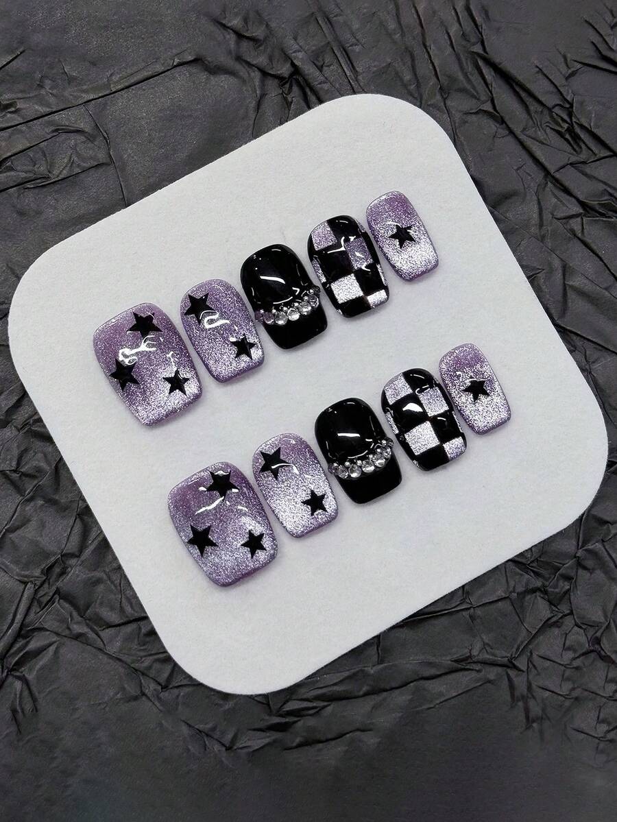10pcs Purple Star Checkerboard Cat Eye Acrylic Press-On Nails, Short Square Full Cover Fake Nails With Jelly Gel And Nail File, DIY Manicure Supplies Handmade Press On Nails - Purple - View 1