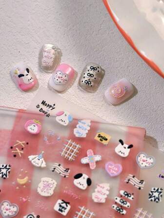 1pc Cartoon Dog Embossed Nail Art Sticker, Adhesive Nail Decals Nail Graffiti Decoration