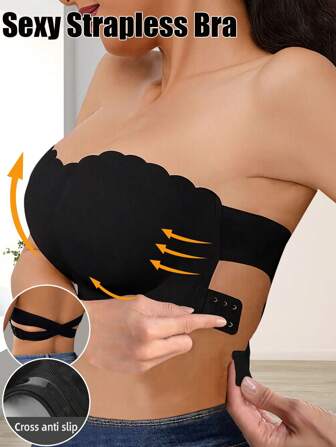 Sexy Strapless Bra Women Comfy Side Closure Wavy Edge Bandeau Bras Seamless Criss Cross Back Solid Wireless Bralette Soft Chest Pad Bra Adjustable Straps Women's Intimates Lingerie Elastic Underwear Tube Top Breathable Camisole Not Transparent Perfect With Strapless Dresses For Everyday Wear