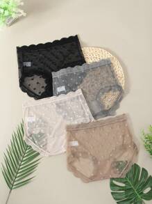 4 pièces de culottes triangle en dentelle semi-transparente à haute extensibilité avec découpes en dentelle sexy pour femme. Ensemble combiné de bas de sous-vêtements pour femme à pois sexy et sans couture pour l'été