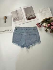 破洞牛仔短裤 - 女式低腰洗水牛仔裤 - 藍色 - 查看 5