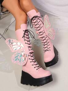 Women's Round Toe Thick Heel Tall Boots, Pink, Lace-Up Elastic Fashion Boots For Autumn/Winter,Y2k Shoes - Pink - View 2