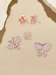 Folli Follie 5pcs Rose Gold-Tone Butterfly Stud Earrings For Women Stainless Steel Zirconia Earrings Butterfly /Heart-Shaped/Clover Earring Jewelry Set Creative Gift For Women