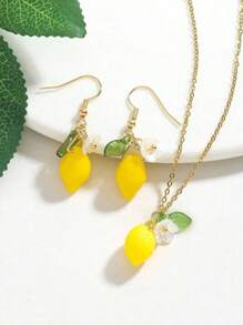 3pcs/Set Summer Fresh & Sweet Lemon Necklace & Earrings Set, Nature Inspired Fruit, Flower, Leaf Pendant Jewelry For Women