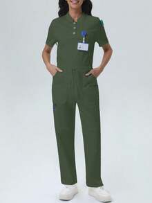 Women's /Nursing Pants, Comfortable Pants, Solid Color Simple Multi-Pocket Pants Spring - Dark Green - View 8