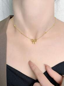1 Pc Stainless Steel Jewelry Gold Bow Bowknot Pendant Bead Chain Set Simple Cute Fashion Girl Versatile High-End Necklace Stylish Minimalist Bow Pendant Necklace