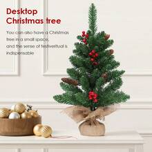 1 pieza Árbol de Navidad mini de 60cm, colocación sobre mesa, decoración de bayas rojas y piñas, base de cemento y envoltura de arpillera, material PVC realista, estilo retro natural, forma cónica, resistente, adecuado para Navidad en el hogar, sala de estar, escritorio de oficina y decoración navideña del hogar, decoración de habitación, decoración de invierno