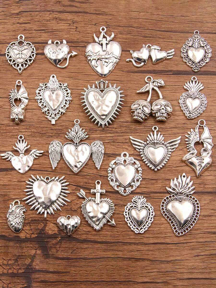 2 件哥特式心形吊坠，万圣节圣心吊坠，心形骷髅 Ex Voto Milagros 吊坠，可用于珠宝制作 - 銀色 - 查看 1
