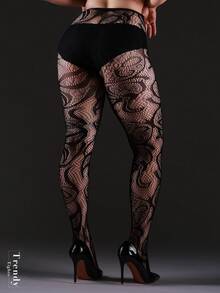 1pc Women Plus Size Fishnet Tights, Gothic, Punk, Vintage Black Elastic Pantyhose, Hollow Sexy Fishnet Stockings, Versatile For All Seasons - Black - View 4