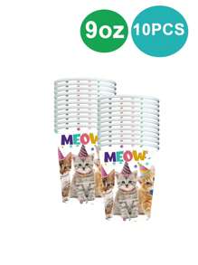 10 قطعة طقم أطباق وأكواب ومناديل حفلة عيد ميلاد القط، أطباق ذات استخدام واحد، لتزيين حفلات أعياد ميلاد ذات موضوع القط