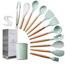 Wooden Handle Silicone Kitchen Utensils 11-Piece Set With Storage Bucket, Ten Colors Silicone Kitchen Utensils Cooking Spoon And Spatula 11-Piece Set - Dark Grey - View 5