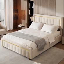 Cama tapizada 140/160*200cm, cama doble hidráulica con canapé, canapé con estructura de láminas de madera, cama juvenil, cama de metal, estructura de cama de terciopelo, rayas doradas, beige