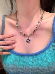 Color Bead Heart Necklace, Vintage Multicolored Stone Enameled Heart Pendant Necklace, Choker Necklace For Girls (Random Color/Placement)