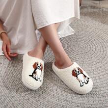 1 par de pantuflas suaves con fondo de interior con bordado de perro beagle de dibujos animados, cómodas zapatillas de casa para hombres y mujeres, adecuadas para el hogar, vacaciones, otoño/invierno, con perro mascota blanco