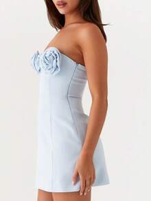Women 3D Rose Flower Mini Dress Stain Strapless Homecoming Short Dresses Elegant Prom Cocktail Party Gown - 藍色 - 查看 3