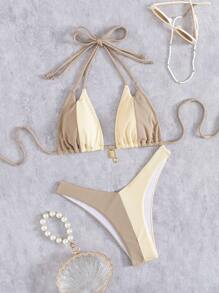 Conjunto de bikini de estilo europeo y americano de unicolor, con diseño lindo y sexy con espalda descubierta, para playa y vacaciones de verano