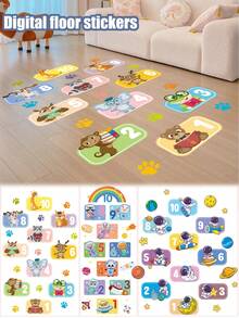 10 个数字格子地板贴纸墙贴，创意卡通动物拼图跳房子游戏墙贴，可移除 DIY 艺术地面走廊墙纸装饰，适用于儿童卧室、幼儿园、教室 - 彩色 - 查看 1