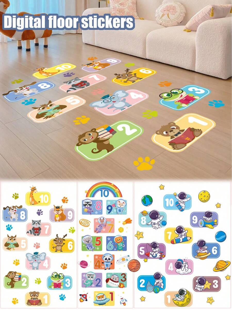 10 个数字格子地板贴纸墙贴，创意卡通动物拼图跳房子游戏墙贴，可移除 DIY 艺术地面走廊墙纸装饰，适用于儿童卧室、幼儿园、教室 - 彩色 - 查看 1