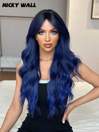 NICKY WALL 28 英寸渐变蓝色假发，长卷发波浪假发，带窗帘刘海，蓬松自然时尚假发，深色发根，合成耐热纤维假发，适合女士和女孩派对日常使用