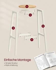 Barhocker, 2er Set, Barstühle, Küchenstühle mit Metallgestell, einfache Montage, 74 cm hoch, mit Fußstütze, für Küche, Wohnzimmer, Esszimmer,Goldeichenfarben-Weiß - goldeichenfarben-weiß - Übersicht 4
