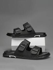 Sandales de style arabe classique pour hommes, tongs noires respirantes, chaussures de plage décontracté, open toe, tige de qualité supérieure, semelle épaisse, impression de lettres, antidérapant, imperméable, convient aux personnes d'âge moyen et âgées, pour l'intérieur et l'extérieur, la conduite, les voyages, l'usage quotidien