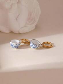 1 Pair Fashionable Chinese Style 18K Stainless Steel Ceramic Teacup & Teapot Design Earrings For Women, Suitable For Everyday Wear