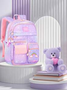 1 pieza Mochila con estampado de corazón arcoíris con colgante lindo de arcoíris y margarita, de alta capacidad con múltiples bolsillos, correa para el hombro ajustable, forro de poliéster, cierre de cremallera, tela impermeable, adecuado para ir y venir, uso diario, bolsa escolar, regalo para volver a la escuela