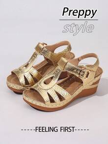 2025 Summer New Retro Thick Platform Black Solid Color Patchwork Versatile Leather Sandals, Breathable Comfortable Round Toe Slingback With Buckle Lightweight Sole, Daily Match Platform Sandals For Women - Gold - View 1