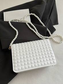 Túi xách mini đeo vai/đeo chéo vuông hai lớp bằng da PU kẻ caro phong cách tối giản dành cho nữ, dây xích ngọc trai giả. - Màu be - Xem 5