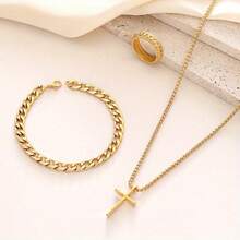 Conjunto de 3 peças de pingente de cruz de metal em aço inoxidável masculino, colar, pulseira, anel, conjunto de joias, acessórios de uso diário para hip hop masculino