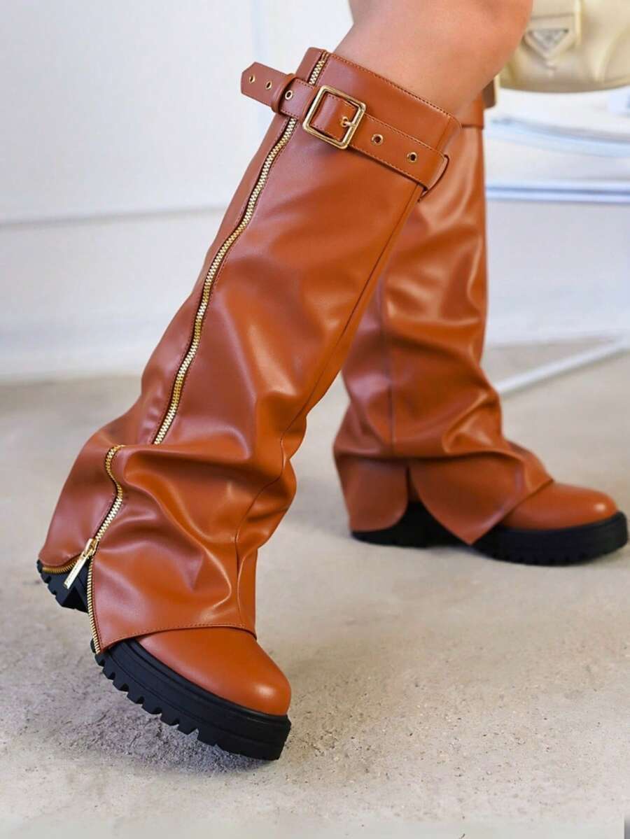 Women's Mid Calf Platform Boots With Fold Over Ruched Design, Chunky Heel, Round Toe, Wide Calf Pull On Style, Y2K Inspired Booties For Daily Wear And Parties - 棕色 - 查看 1