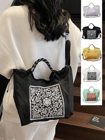 2025日式时尚女士刺绣斜挎包，大码女性最爱哪吒原创腋下包，购物袋，防水尼龙手提包，刺绣优雅女士单肩包