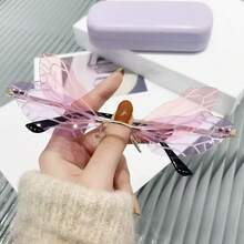 1 pieza Gafas sin montura con cristales de fantasía, diseño sin montura inspirado en alas de libélula, apropiadas para vacaciones, viajes, playa, fiestas
