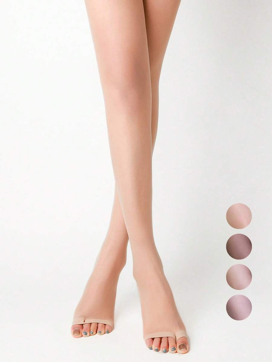 1 par de pantis para mujer de punta abierta, medias ultra finas, mallas transparentes de hilo central, lencería de punta abierta - Beis - Ver 1