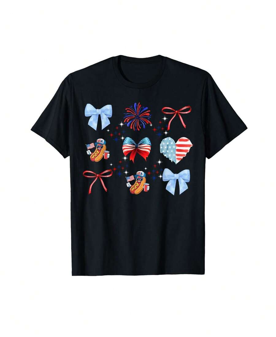 Camiseta de regalo patriótica con estampado de bandera estadounidense, perro caliente, fuegos artificiales y lazos para el 4 de julio, regalo para médicos, regalo de Acción de Gracias para la anfitriona - Negro - Ver 1