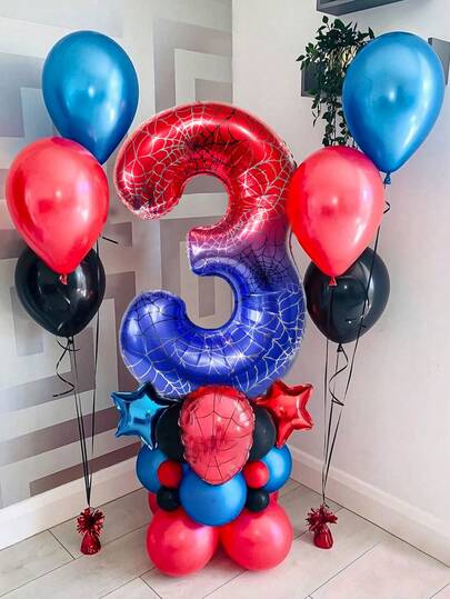 1pc Giant Spider Theme Balloon, 40 Inch Ombre Red & Blue Foil Balloon With Spider Web Print Design, Suitable For Spider Hero Theme Birthday Party, Boys Birthday Decor, Superhero Party, Celebration Event Decoration, Photo Backdrop Props (Digit 0-9)