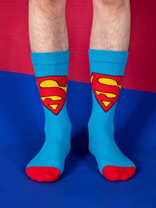 Warner Bros 1Pair Of Superman Hero Super Cartoon Animation Socks For Men, Novel, Fun, Happy And Crazy Socks For Christmas And Halloween, Suitable For Gifting At Parties, Fall Socks