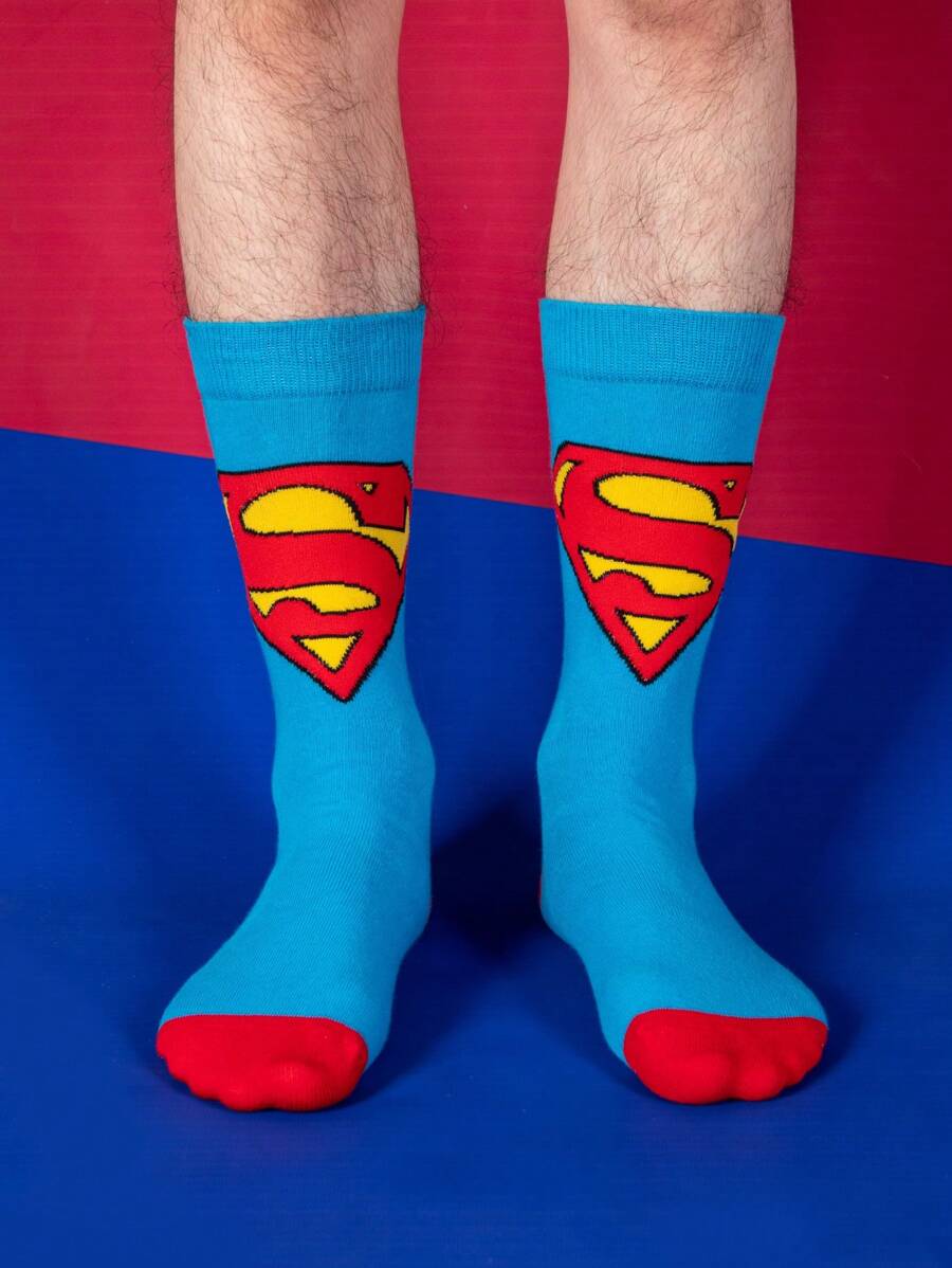 Warner Bros 1Pair Of Superman Hero Super Cartoon Animation Socks For Men, Novel, Fun, Happy And Crazy Socks For Christmas And Halloween, Suitable For Gifting At Parties, Fall Socks