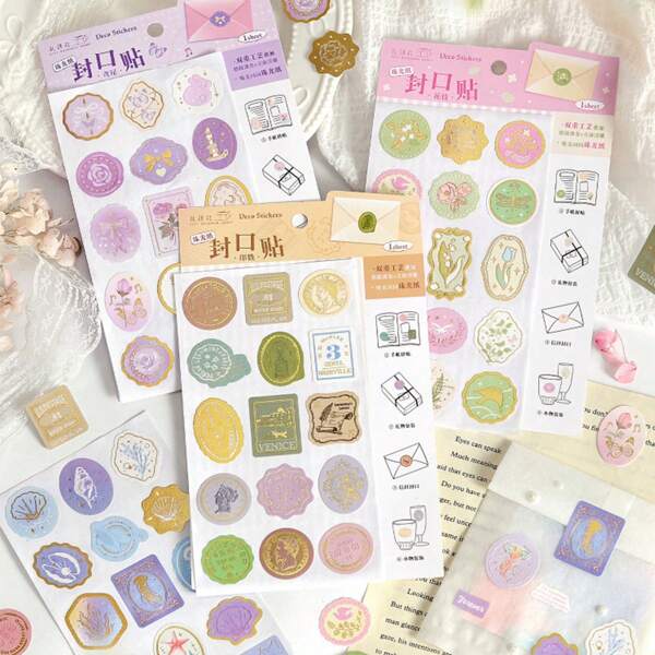 1 Sheet/15pcs Foil Emboss High-End Envelope Sealing Stickers,School Supplies,Back To School