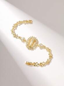 1pc Fashion Simple Luxury Glitter Copper Inlaid Flower Petal Hollow Embossed Virgin Mary Bracelet, Suitable As Gift For Mother/Father's Day/Siblings/Couples/Friends, Daily/Holiday Wear, Praying - Yellow Gold - View 12