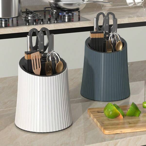 1pc Multifunctional 360° Rotating Kitchen Utensil Holder, Large Capacity, Simple Design (Excluding Knives, Spoons And Chopsticks), Multiple Colors Available, Cylindrical Shape With Vertical Lines, Can Store Knives, Spoons And Chopsticks, Plastic Material, Suitable For Everyday Kitchen Use