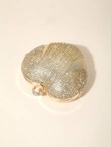 1 pezzo Borsa a spalla rotonda in metallo argento, decorata con strass, elegante e di lusso, compatta e portatile, con forma a cuore, con abbellimenti scintillanti in strass, adatta per feste serali, matrimoni, regali