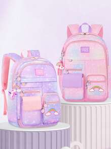 1 pieza Mochila con estampado de corazón arcoíris con colgante lindo de arcoíris y margarita, de alta capacidad con múltiples bolsillos, correa para el hombro ajustable, forro de poliéster, cierre de cremallera, tela impermeable, adecuado para ir y venir, uso diario, bolsa escolar, regalo para volver a la escuela