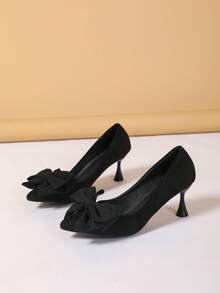 女士经典蝴蝶结装饰休闲办公室百搭高跟鞋 - 黑色 - 查看 9