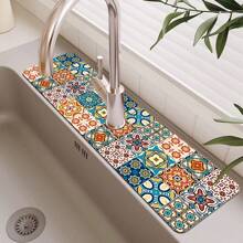 1pc Bohemian Silicone Drain Mat With Anti-Slip Vintage Pattern, Fits Various Faucets For Bathroom, Kitchen,Non-Slip Kitchen Mats For Sink Side, Natural And Hygienic Kitchen Essential For Home And Kitchen Room Decor, Part Of Your Cozy Fall& Winter Styles And Christmas Decorations