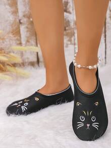 Women's Autumn/Winter Indoor Slippers, Cute Cat Print House Non-Slip Socks - Black - View 6